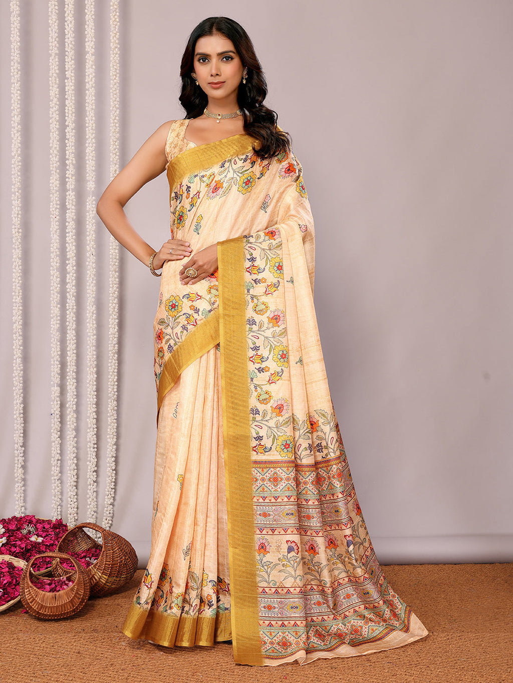Janasya Beige Chanderi Silk Floral Printed Saree | Grocsy