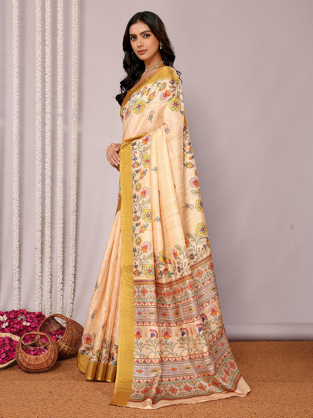 Janasya Beige Chanderi Silk Floral Printed Saree | Grocsy
