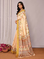 Janasya Beige Chanderi Silk Floral Printed Saree | Grocsy