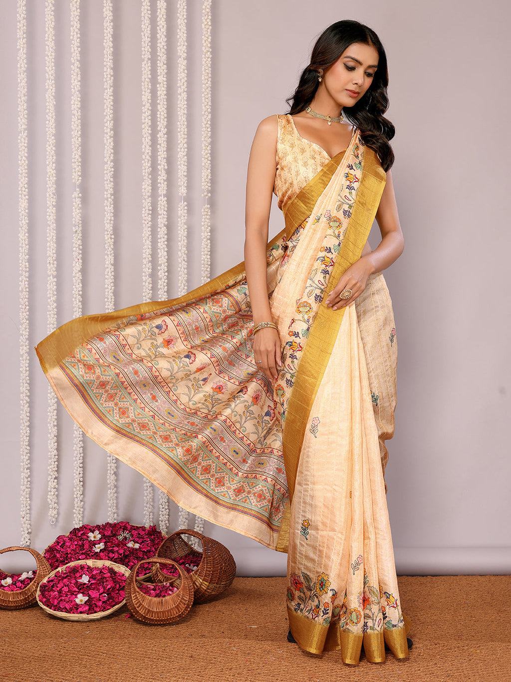 Janasya Beige Chanderi Silk Floral Printed Saree | Grocsy
