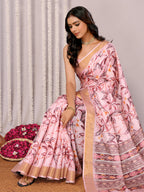 Janasya Light Pink Chanderi Silk Floral Printed Saree | Grocsy