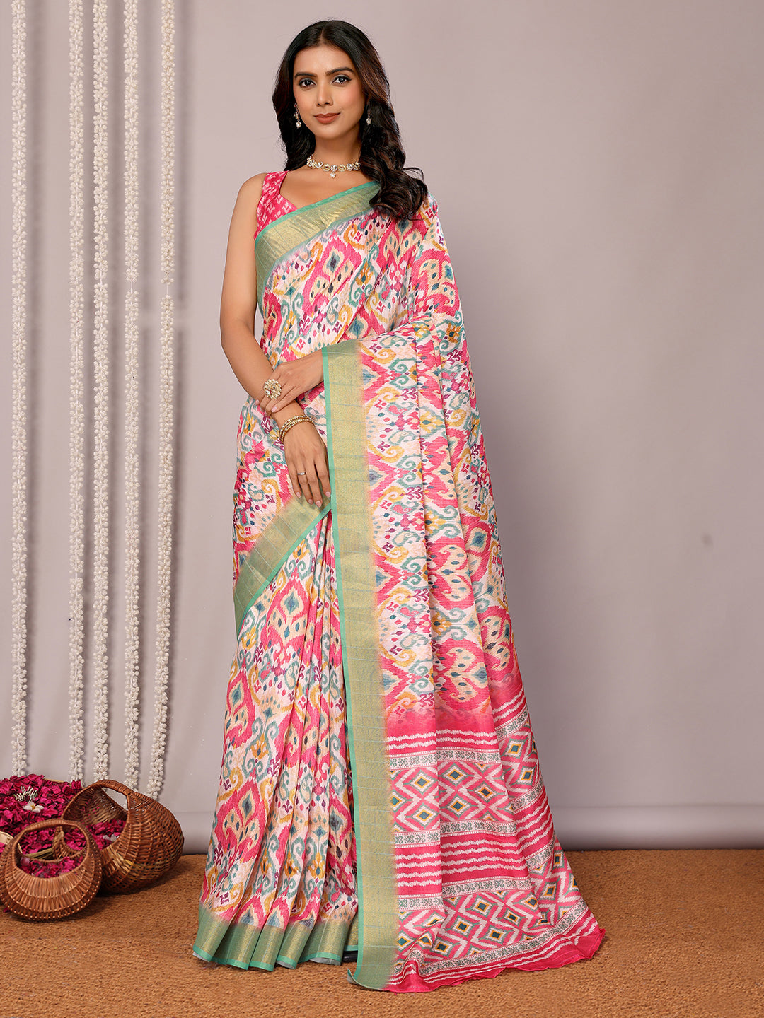 Janasya Pink Chanderi Silk Ikkat Printed Saree | Grocsy