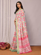 Janasya Pink Chanderi Silk Ikkat Printed Saree | Grocsy