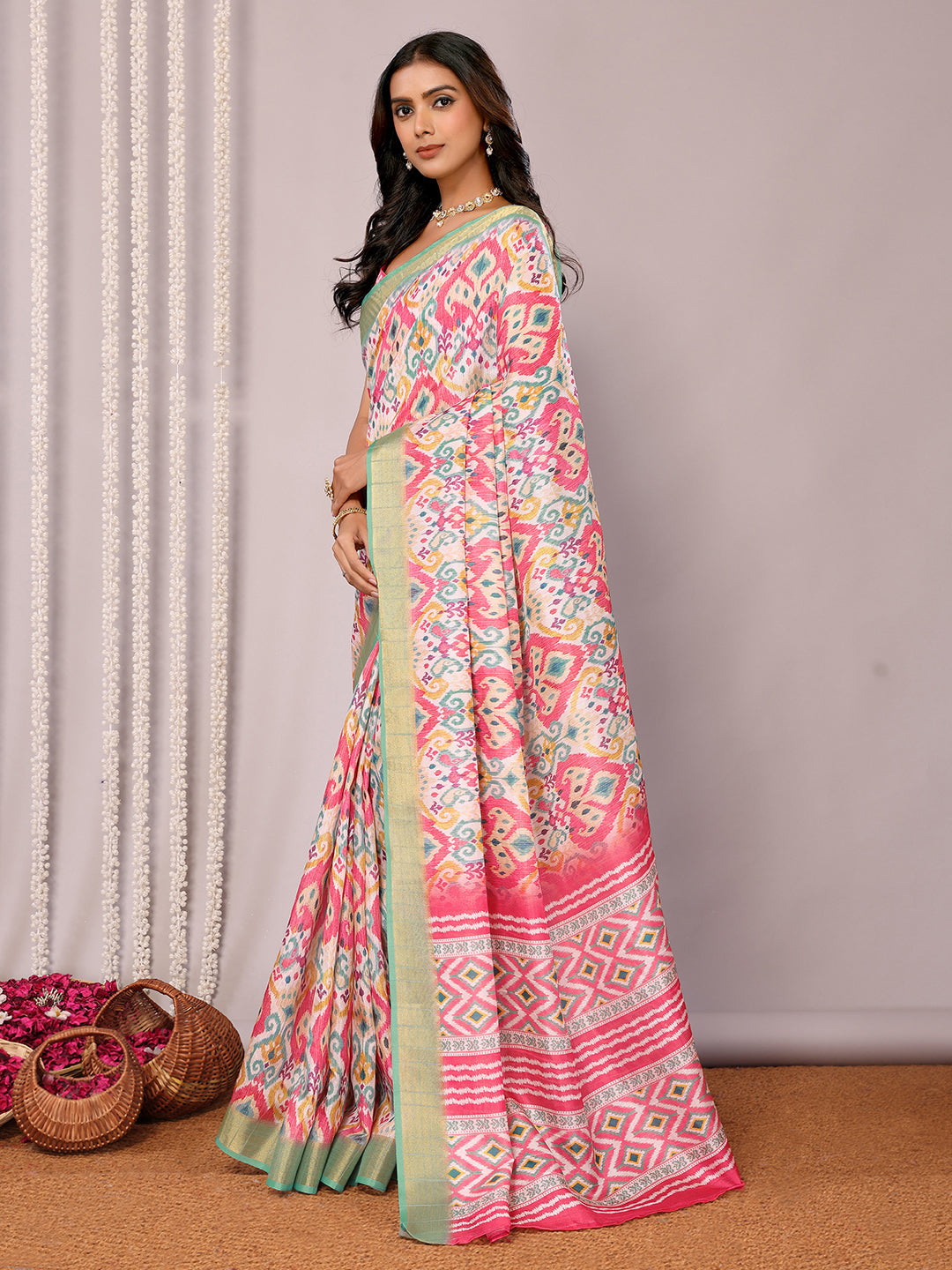 Janasya Pink Chanderi Silk Ikkat Printed Saree | Grocsy