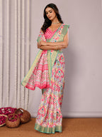 Janasya Pink Chanderi Silk Ikkat Printed Saree | Grocsy