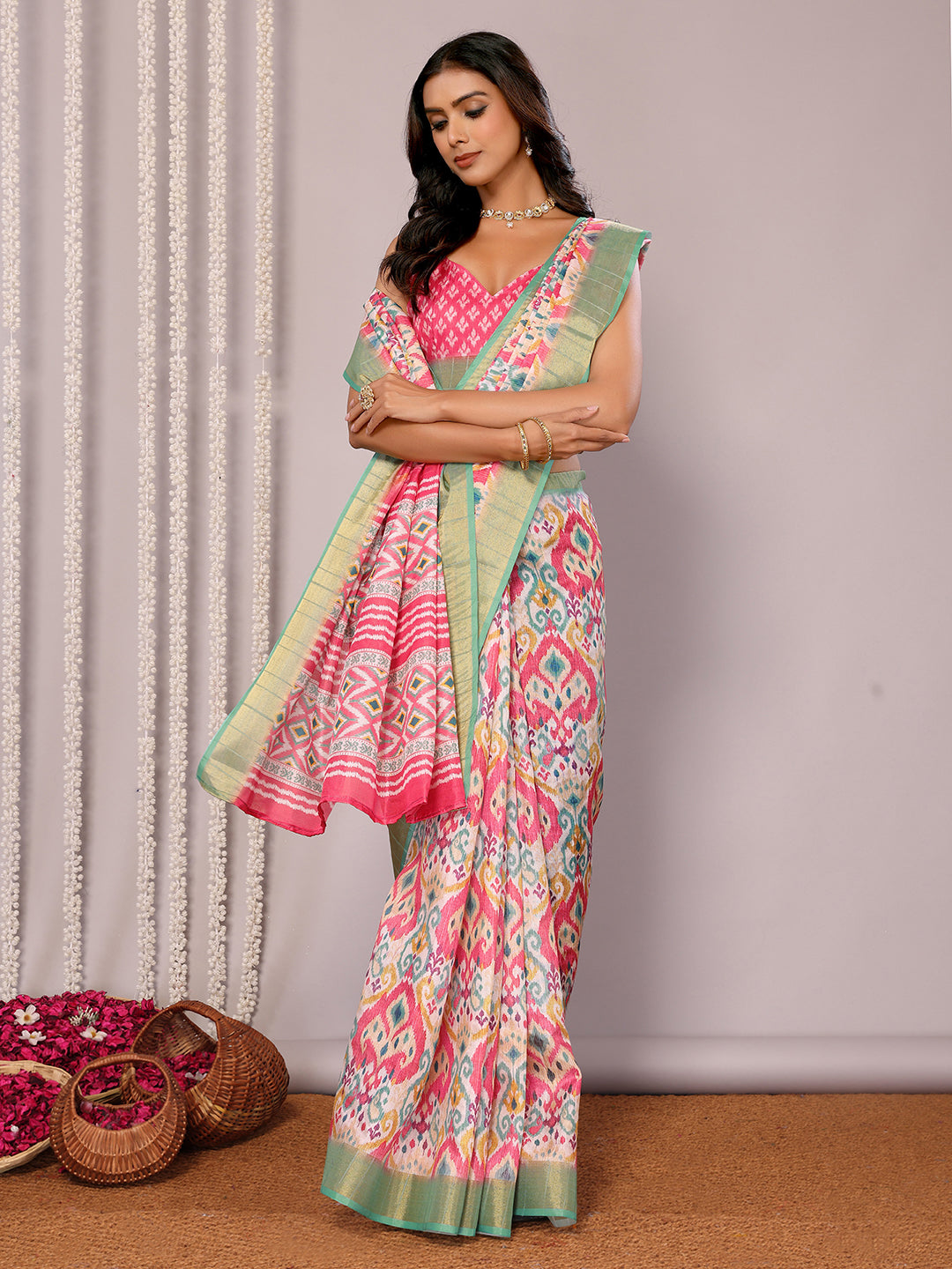 Janasya Pink Chanderi Silk Ikkat Printed Saree | Grocsy