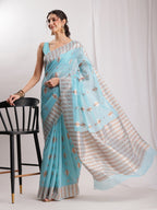 Janasya Sky Blue Linen Blend Geometric Jacquard Saree | Grocsy