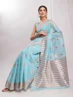 Janasya Sky Blue Linen Blend Geometric Jacquard Saree | Grocsy