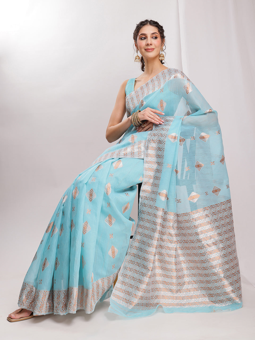 Janasya Sky Blue Linen Blend Geometric Jacquard Saree | Grocsy
