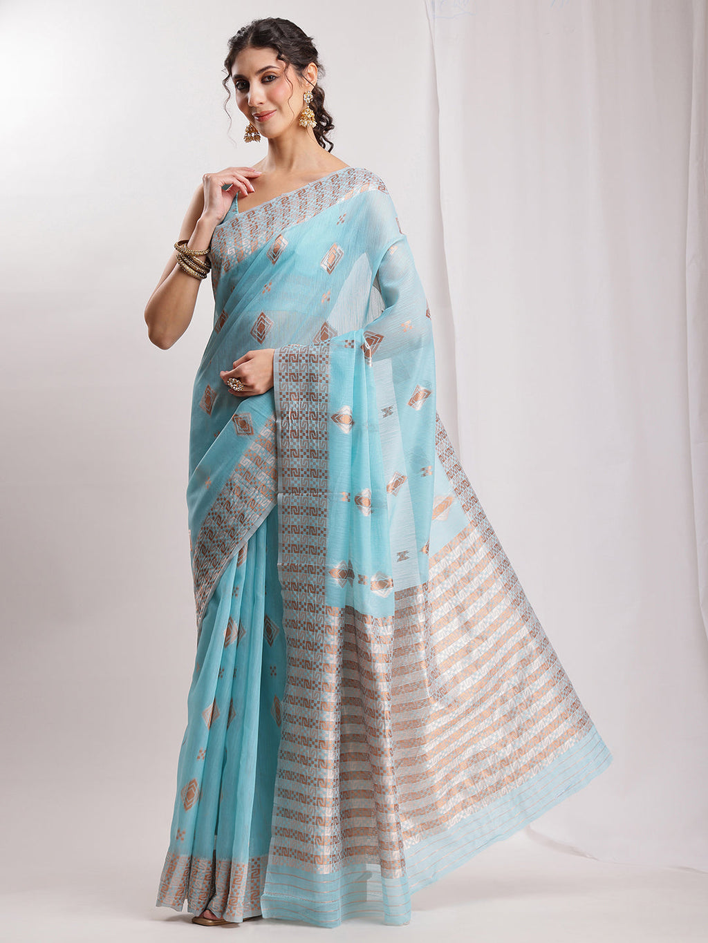 Janasya Sky Blue Linen Blend Geometric Jacquard Saree | Grocsy