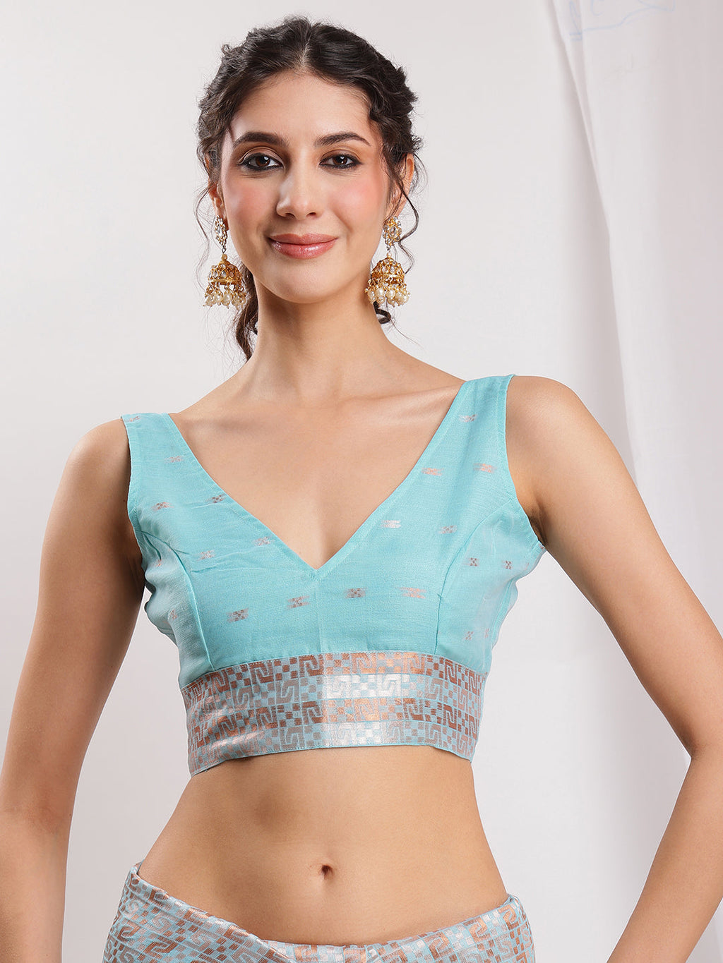 Janasya Sky Blue Linen Blend Geometric Jacquard Saree | Grocsy