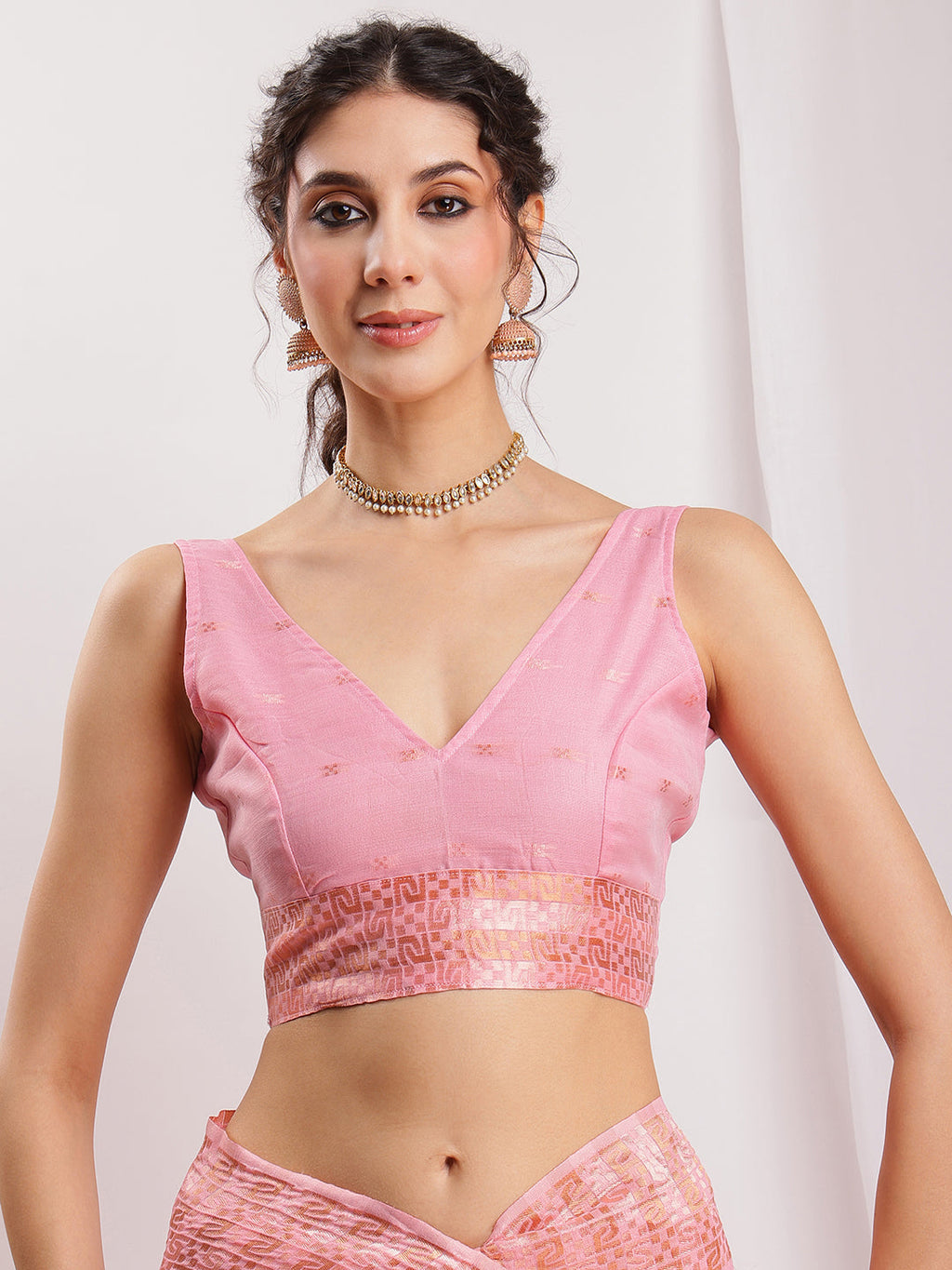 Janasya Pink Linen Blend Geometric Jacquard Saree | Grocsy