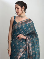 Janasya Teal Blue Linen Blend Floral Jacquard Saree | Grocsy