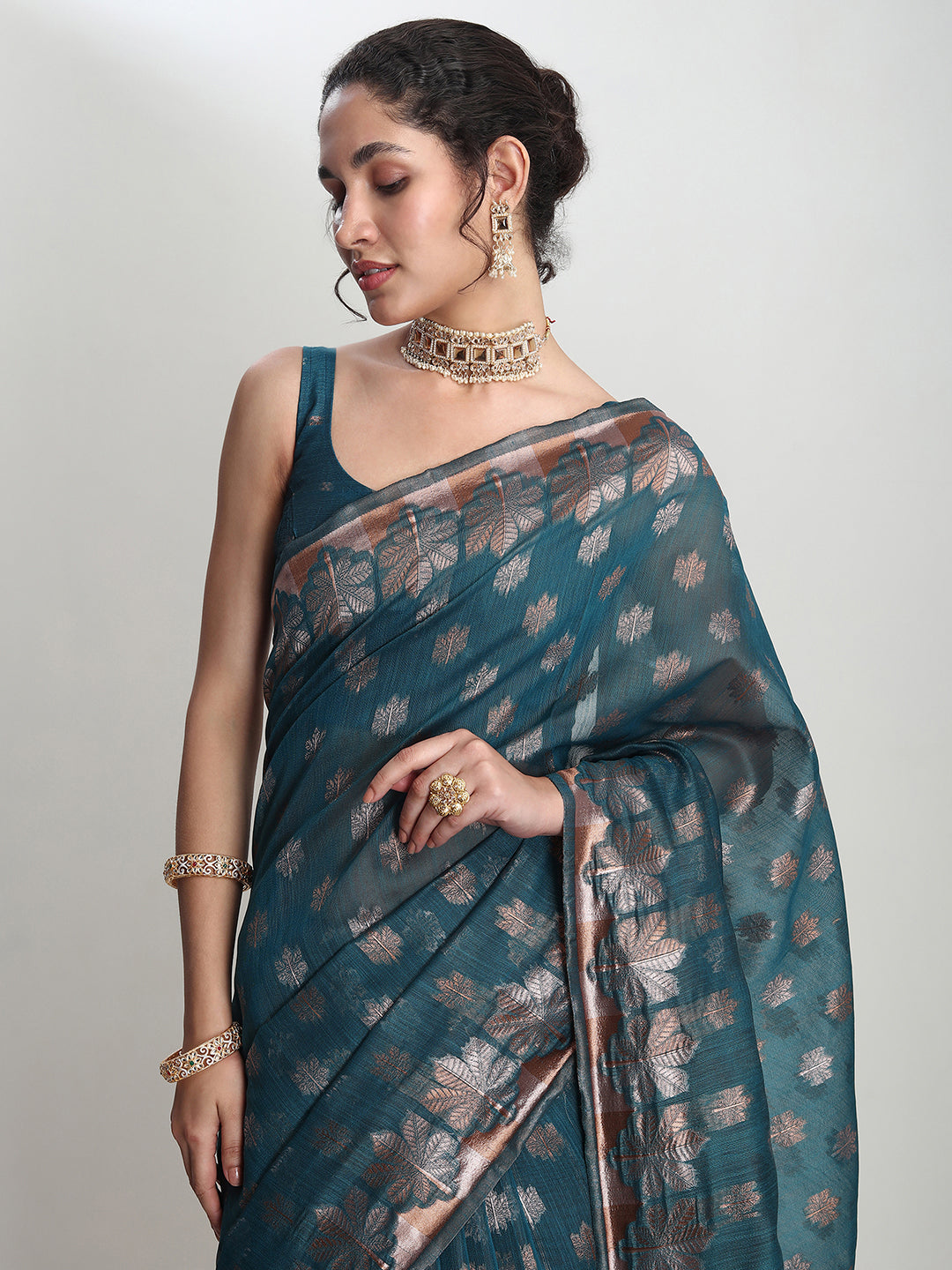 Janasya Teal Blue Linen Blend Floral Jacquard Saree | Grocsy