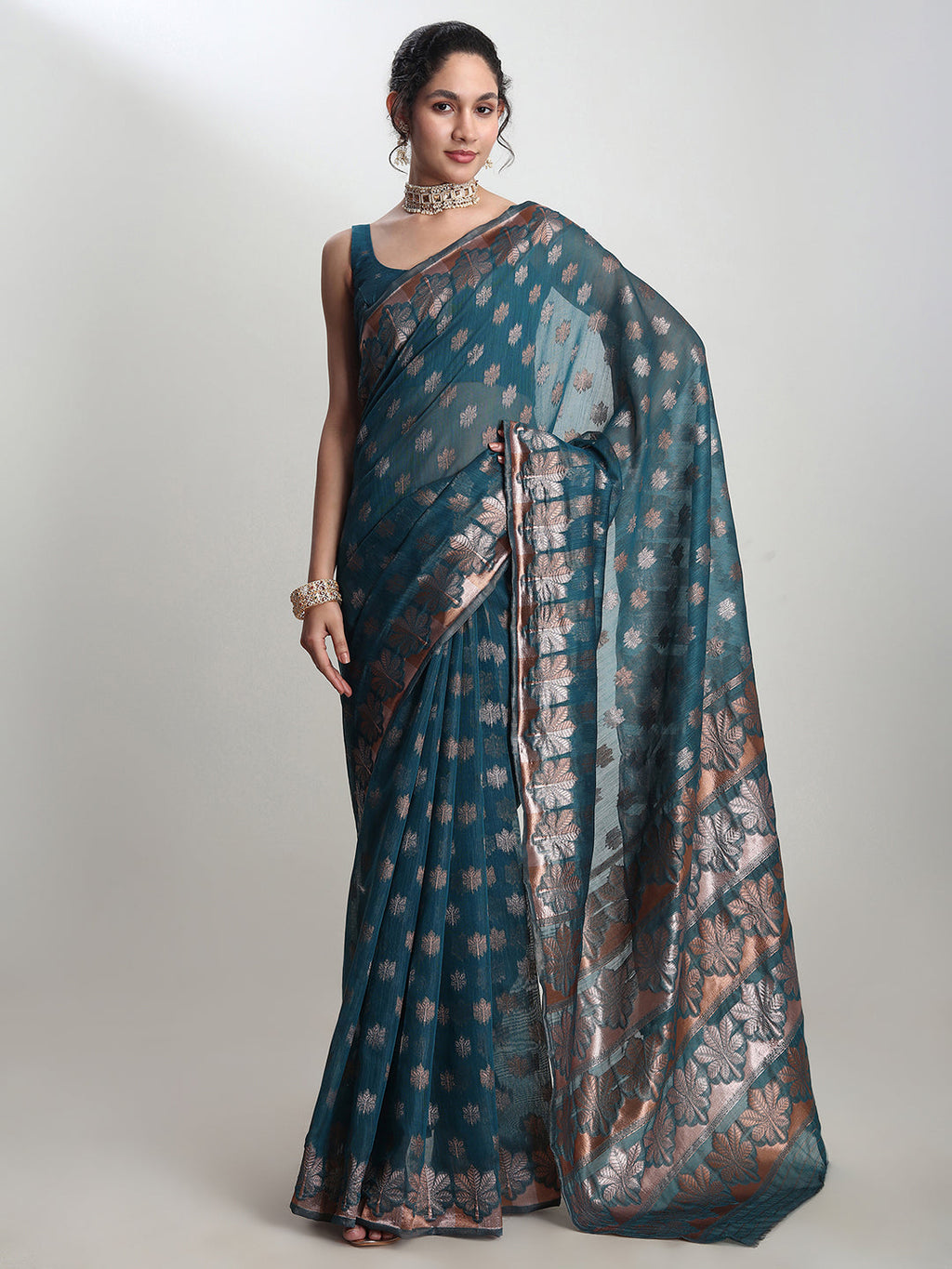 Janasya Teal Blue Linen Blend Floral Jacquard Saree | Grocsy