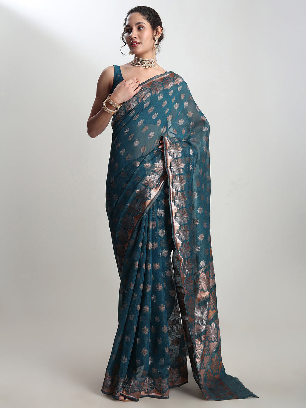 Janasya Teal Blue Linen Blend Floral Jacquard Saree | Grocsy