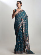 Janasya Teal Blue Linen Blend Floral Jacquard Saree | Grocsy