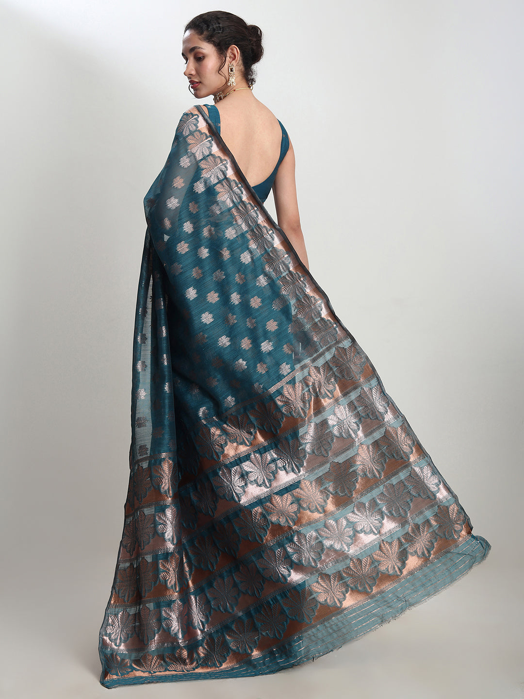 Janasya Teal Blue Linen Blend Floral Jacquard Saree | Grocsy