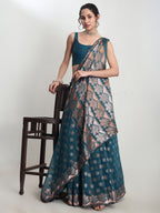 Janasya Teal Blue Linen Blend Floral Jacquard Saree | Grocsy