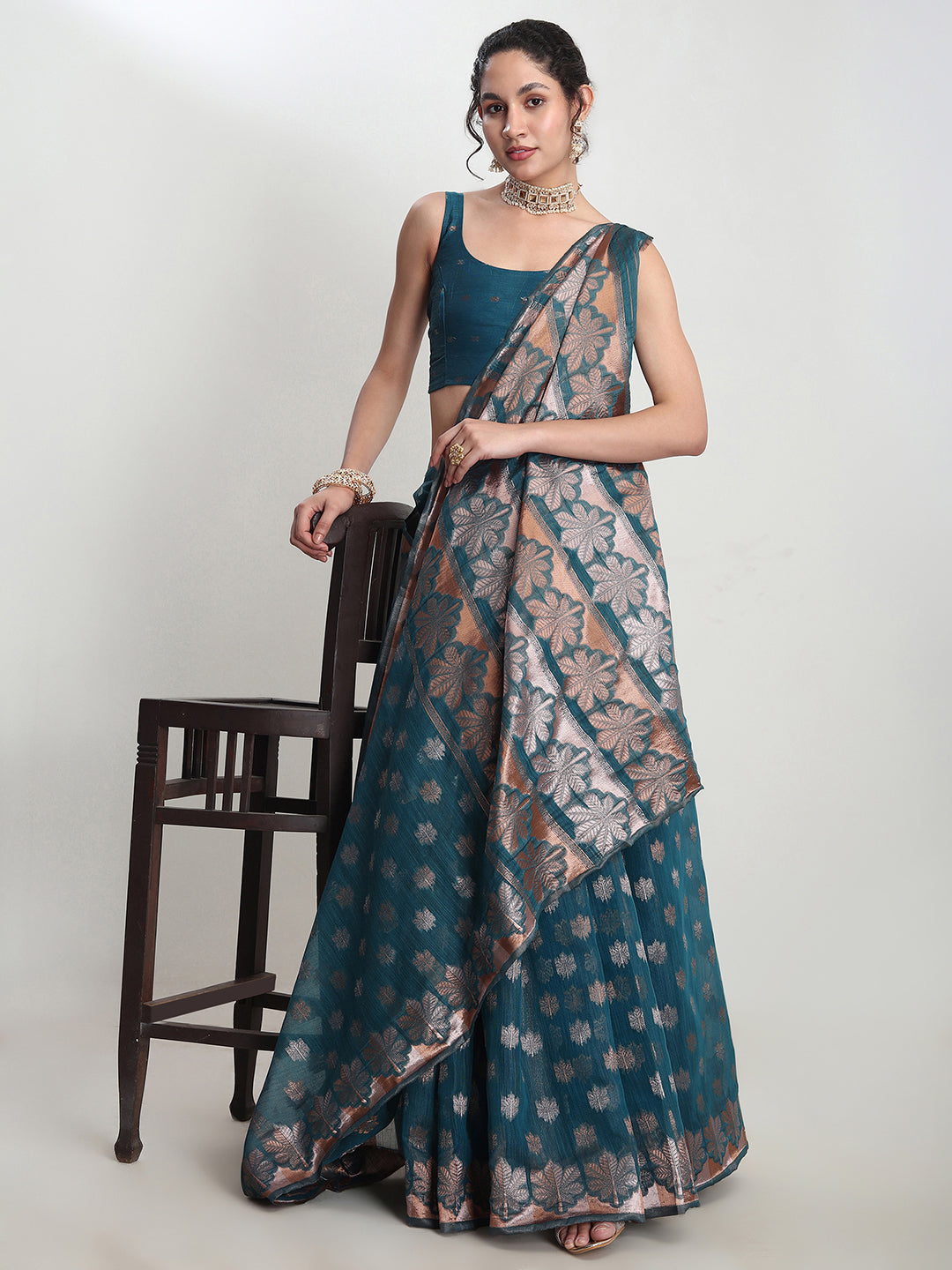 Janasya Teal Blue Linen Blend Floral Jacquard Saree | Grocsy