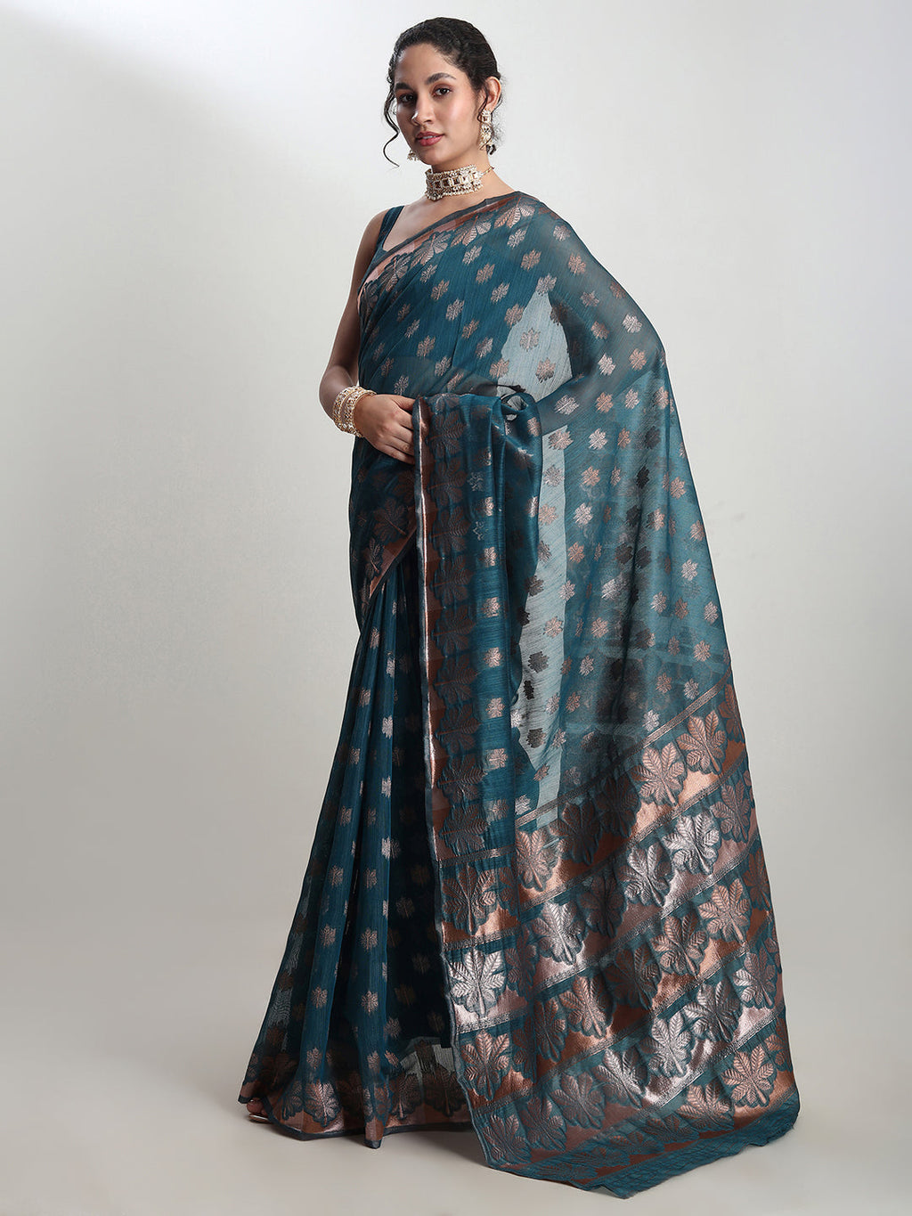 Janasya Teal Blue Linen Blend Floral Jacquard Saree | Grocsy