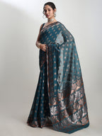 Janasya Teal Blue Linen Blend Floral Jacquard Saree | Grocsy