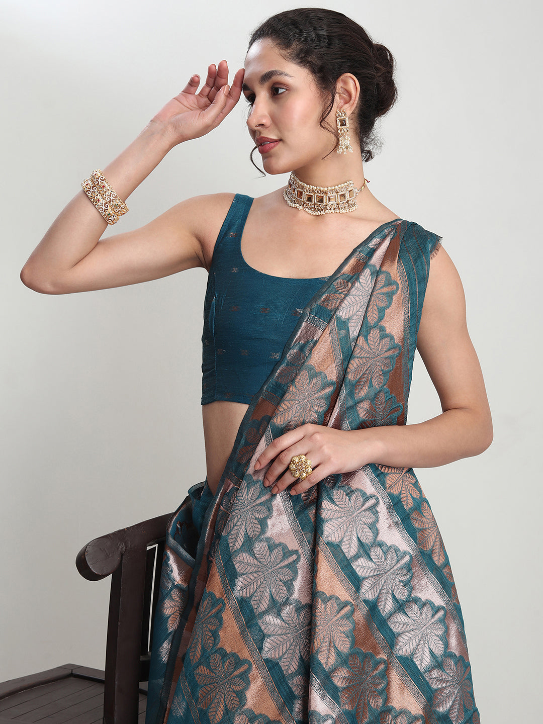 Janasya Teal Blue Linen Blend Floral Jacquard Saree | Grocsy