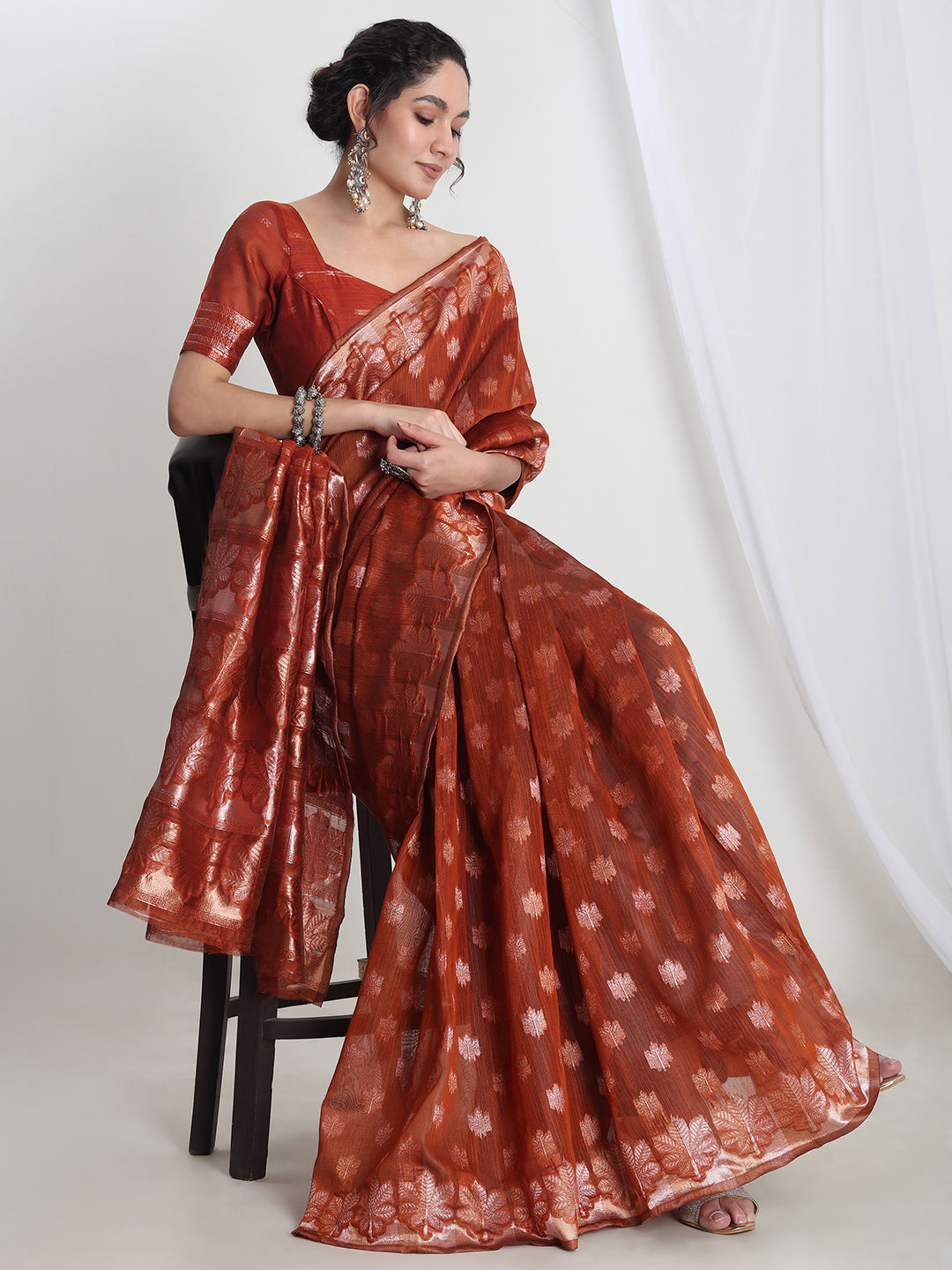 Janasya Rust Linen Blend Floral Jacquard Saree | Grocsy