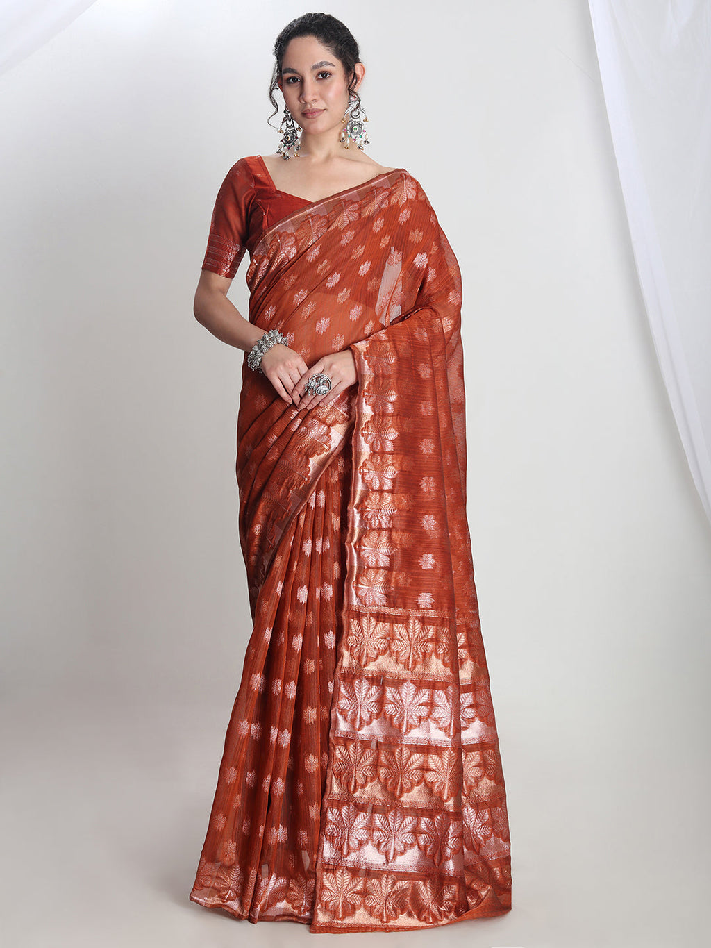 Janasya Rust Linen Blend Floral Jacquard Saree | Grocsy