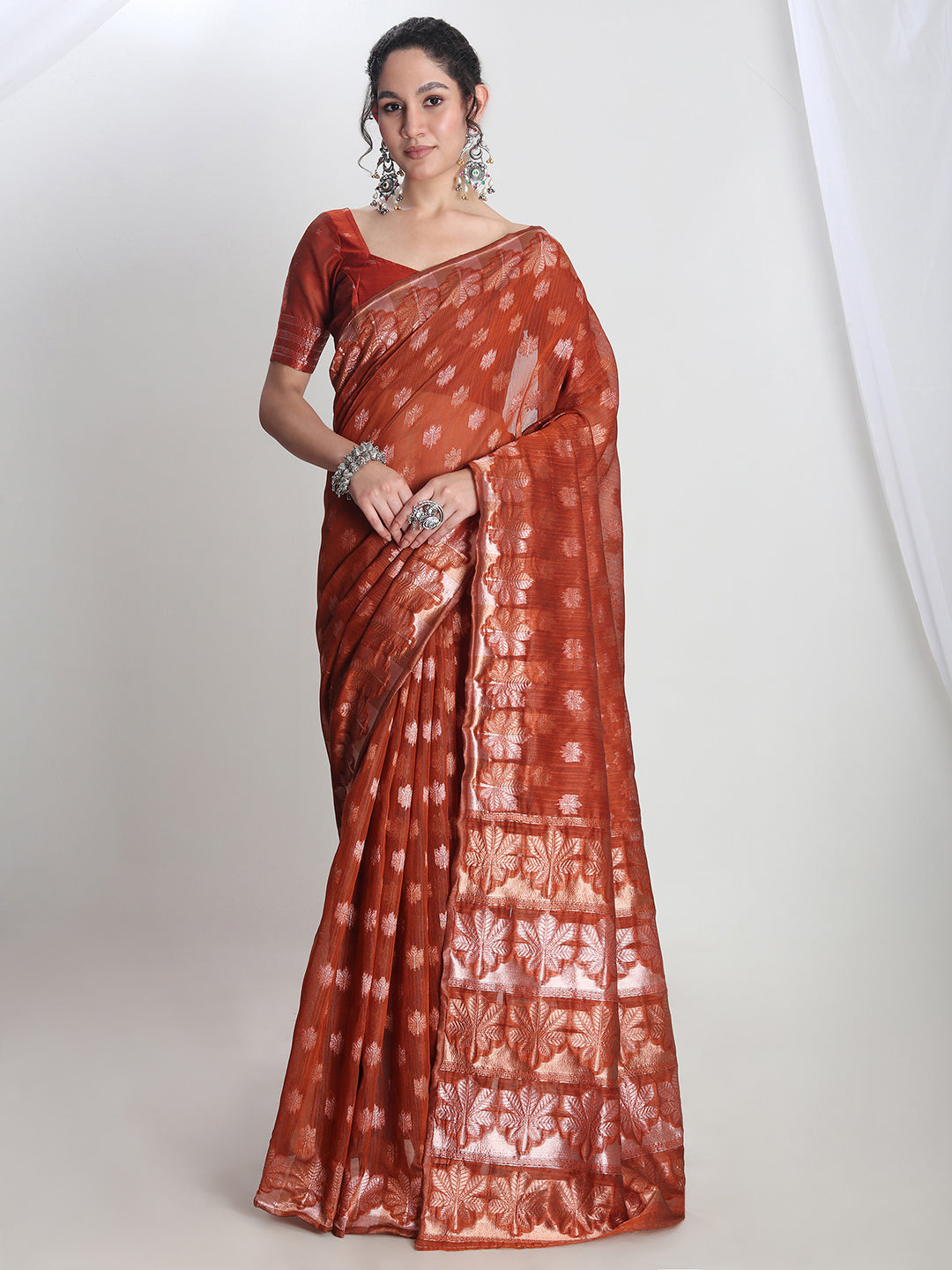 Janasya Rust Linen Blend Floral Jacquard Saree | Grocsy
