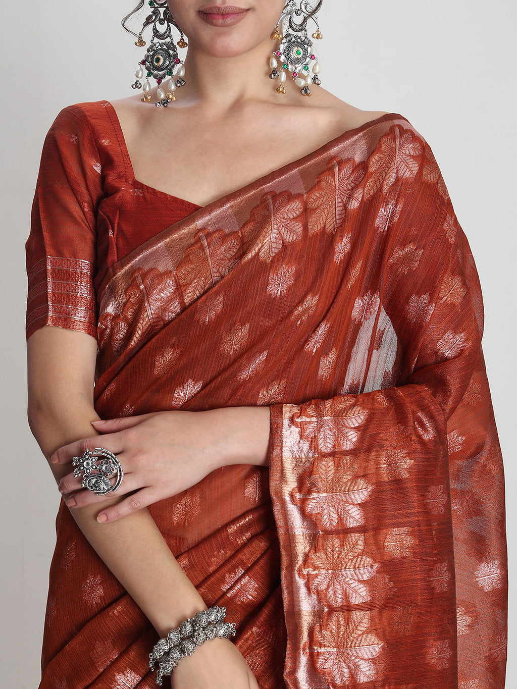 Janasya Rust Linen Blend Floral Jacquard Saree | Grocsy