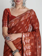 Janasya Rust Linen Blend Floral Jacquard Saree | Grocsy