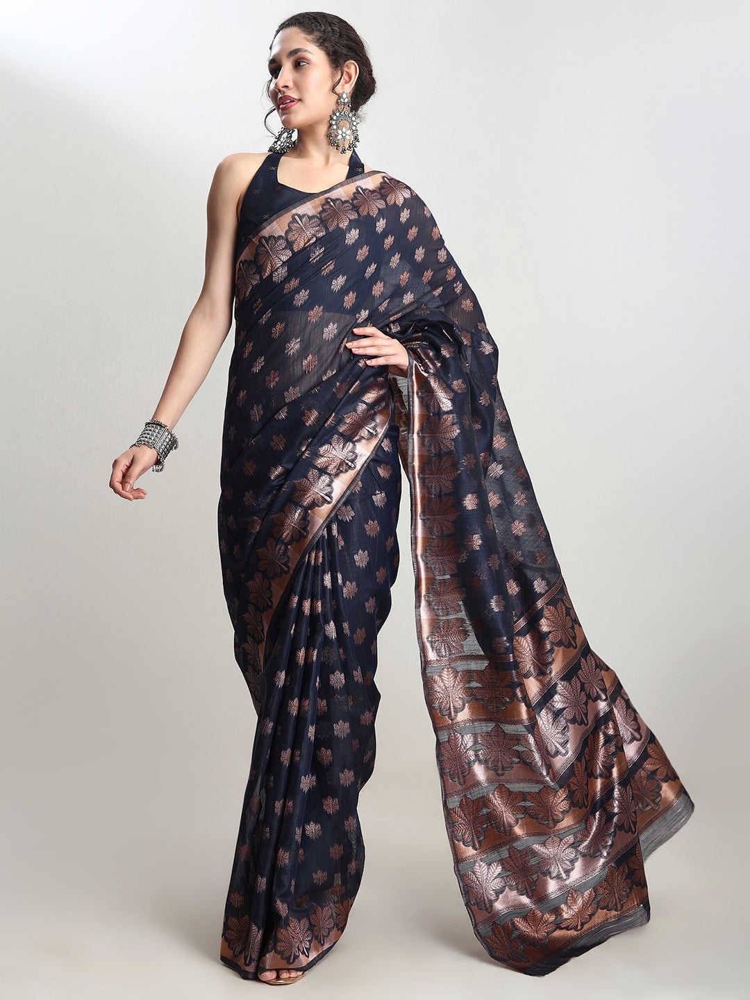Janasya Indigo Linen Blend Floral Jacquard Saree | Grocsy