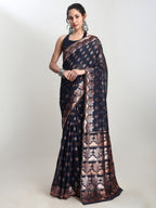 Janasya Indigo Linen Blend Floral Jacquard Saree | Grocsy