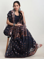 Janasya Indigo Linen Blend Floral Jacquard Saree | Grocsy
