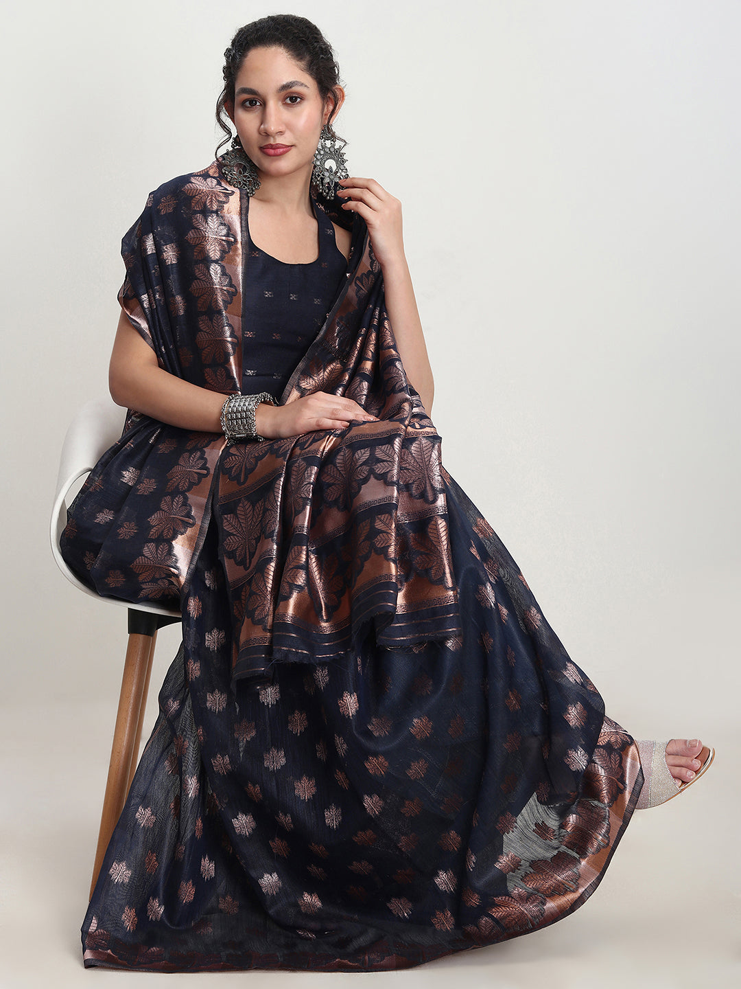 Janasya Indigo Linen Blend Floral Jacquard Saree | Grocsy