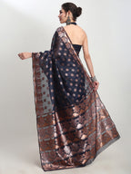 Janasya Indigo Linen Blend Floral Jacquard Saree | Grocsy