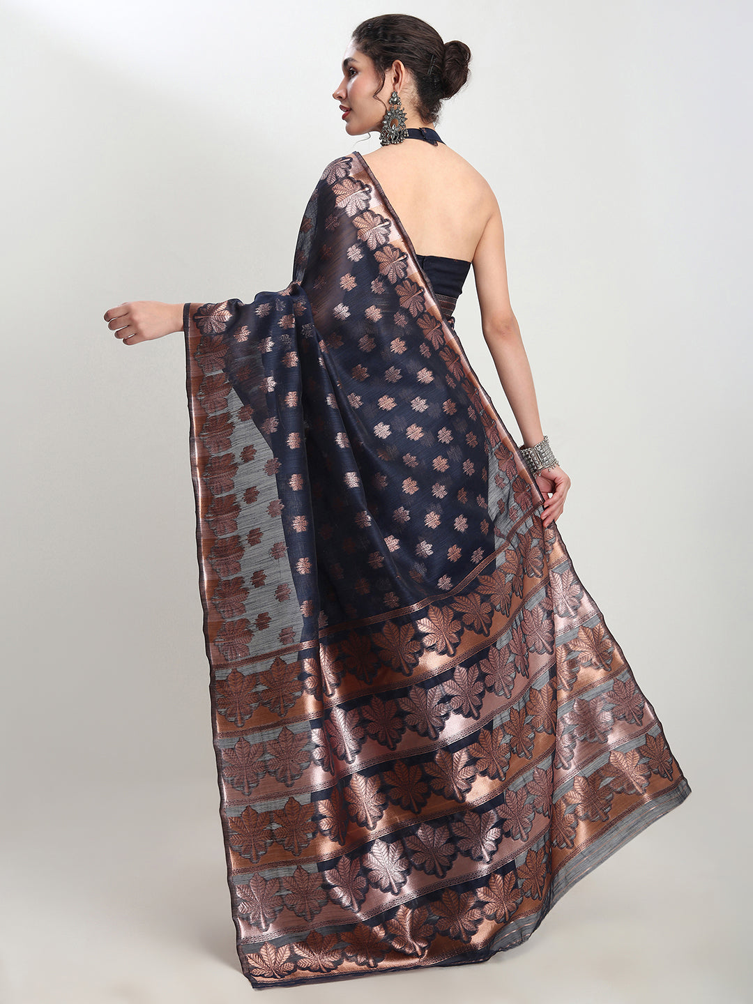 Janasya Indigo Linen Blend Floral Jacquard Saree | Grocsy