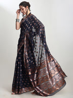 Janasya Indigo Linen Blend Floral Jacquard Saree | Grocsy