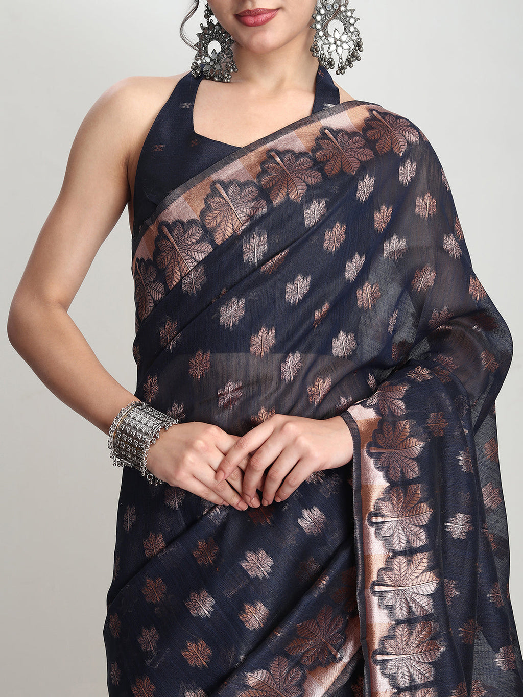 Janasya Indigo Linen Blend Floral Jacquard Saree | Grocsy