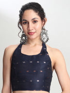 Janasya Indigo Linen Blend Floral Jacquard Saree | Grocsy
