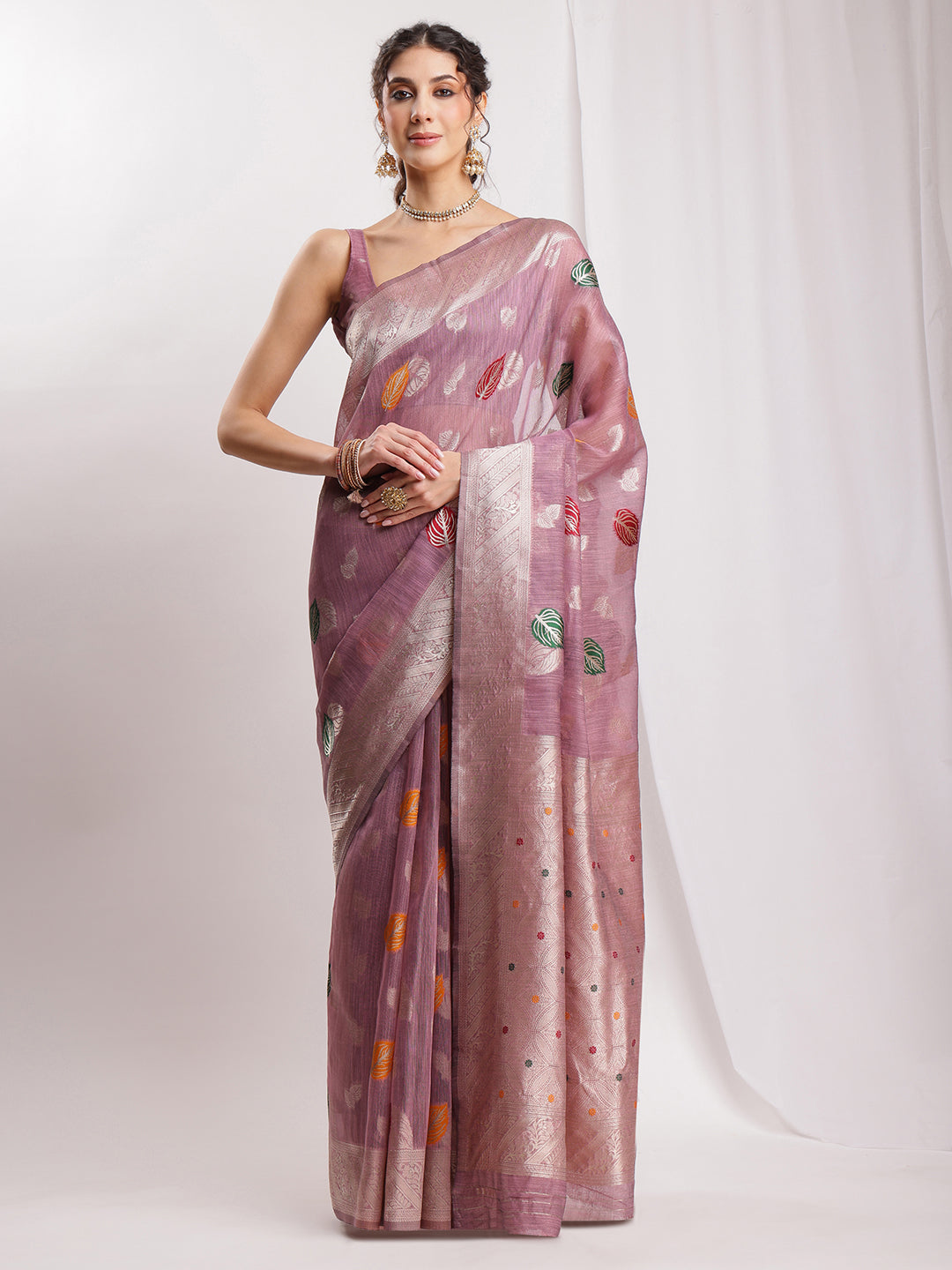 Janasya Mauve Linen Blend Floral Jacquard Saree | Grocsy