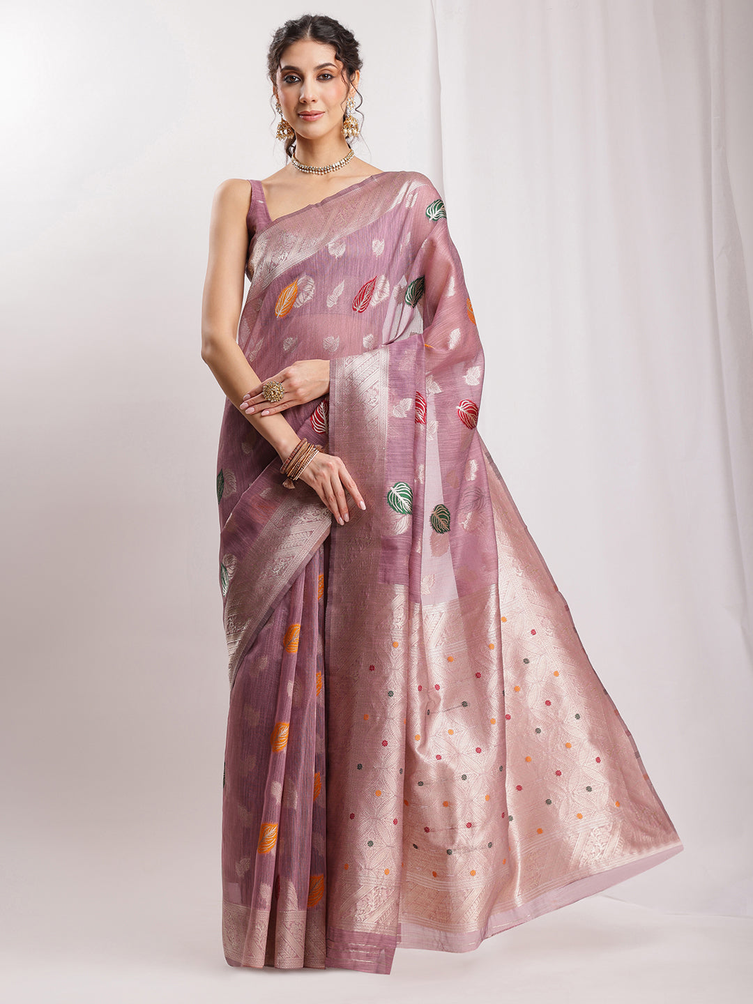 Janasya Mauve Linen Blend Floral Jacquard Saree | Grocsy