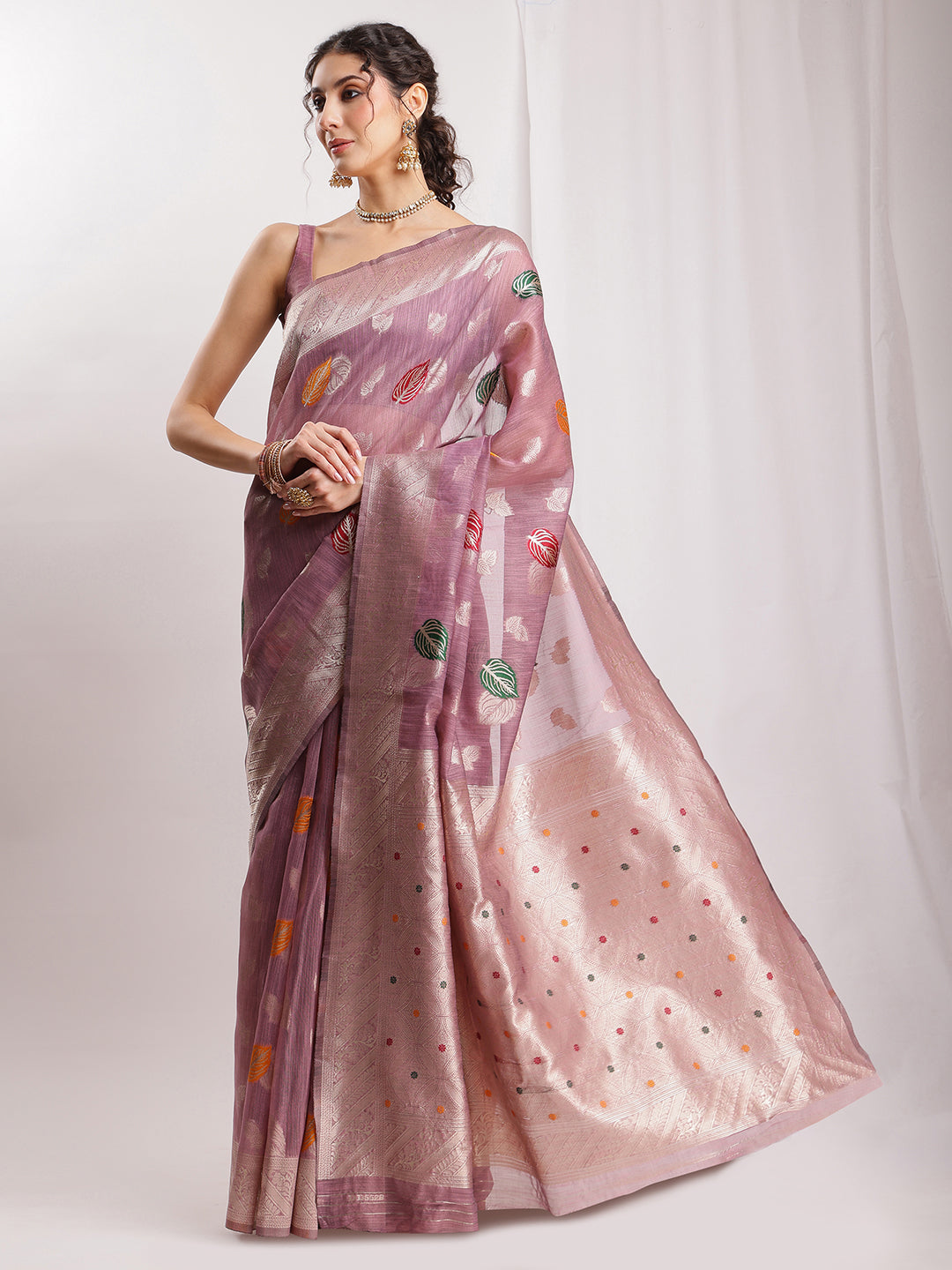 Janasya Mauve Linen Blend Floral Jacquard Saree | Grocsy