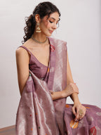 Janasya Mauve Linen Blend Floral Jacquard Saree | Grocsy