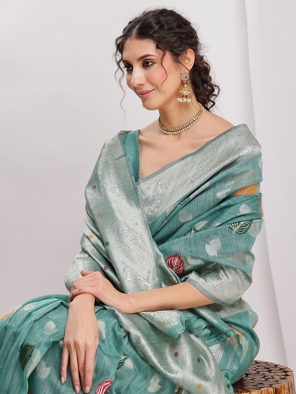 Janasya Sea Green Linen Blend Floral Jacquard Saree | Grocsy