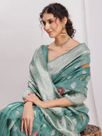 Janasya Sea Green Linen Blend Floral Jacquard Saree | Grocsy