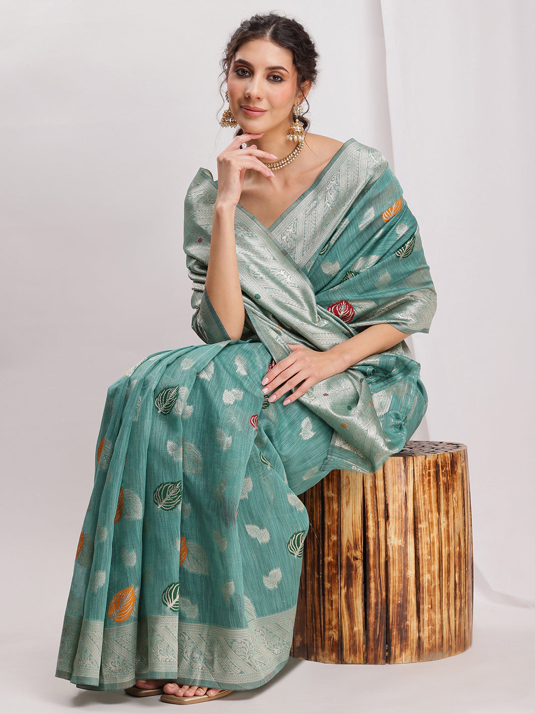 Janasya Sea Green Linen Blend Floral Jacquard Saree | Grocsy