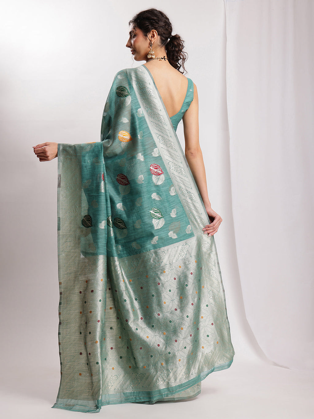 Janasya Sea Green Linen Blend Floral Jacquard Saree | Grocsy