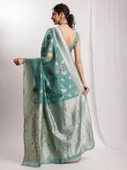Janasya Sea Green Linen Blend Floral Jacquard Saree | Grocsy